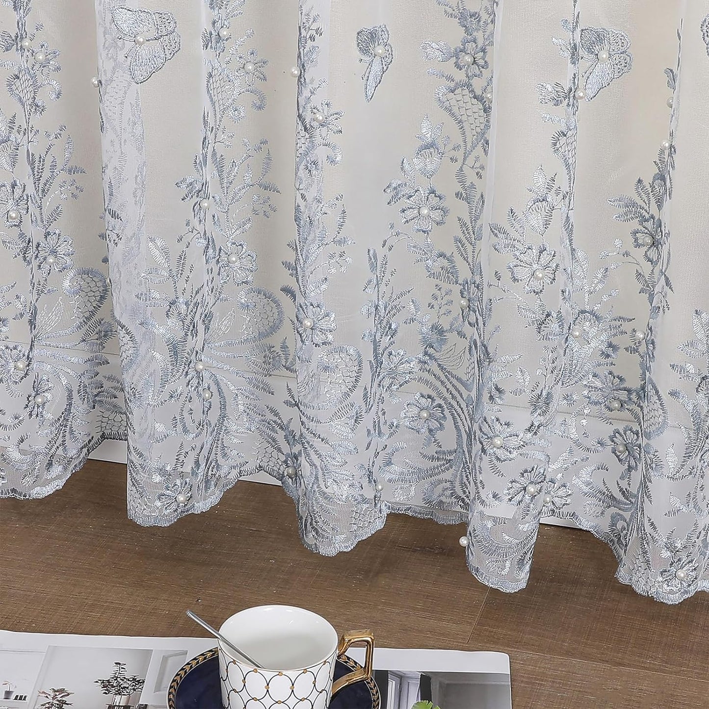 VISIONTEX White Sheer Voile Curtains, Decorative Blue Embossed Butterflies Rod Pocket Window Drapes for Home Kitchen, Living Room and Bedroom 54 x 63 Inch, Set of 2 Curtain Panels