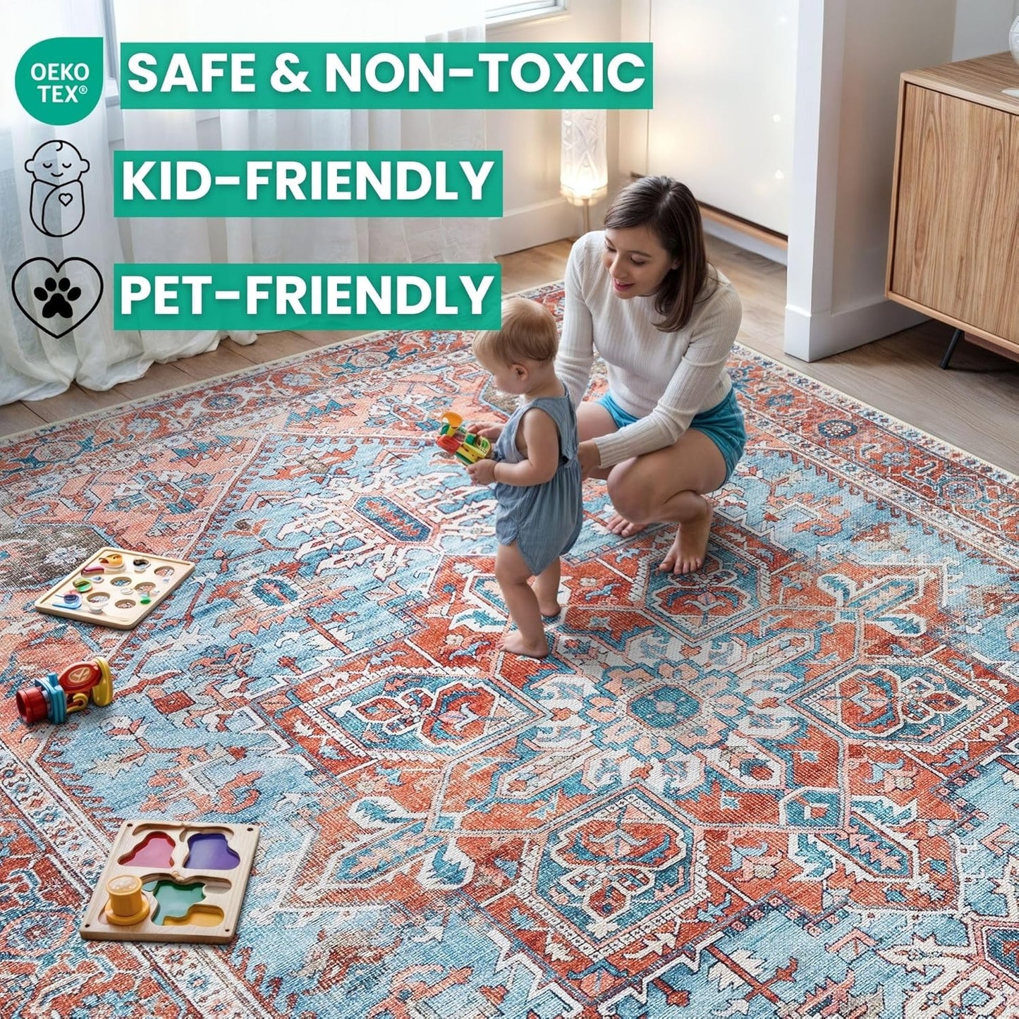 Bloom Rugs Washable Non-Slip 8' x 10' Rug - Coral/Sky Blue Traditional Medallion Area Rug for Living Room, Bedroom, Dining Room, and Kitchen - Exact Size: 8' x 10'