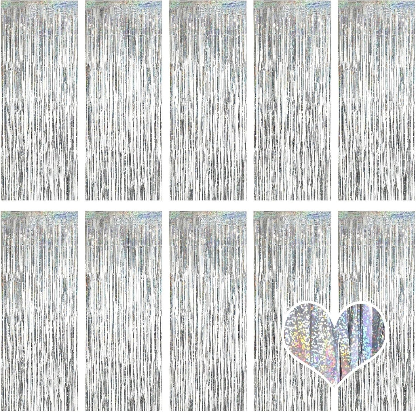 10 Pack Silver Backdrop Curtain 3.2ft x 8.2ft Metallic Tinsel Foil Fringe Curtains Photo Booth Background for Birthday Party Decoration Baby Shower Engagement Wedding Christmas Decoration (Silver)