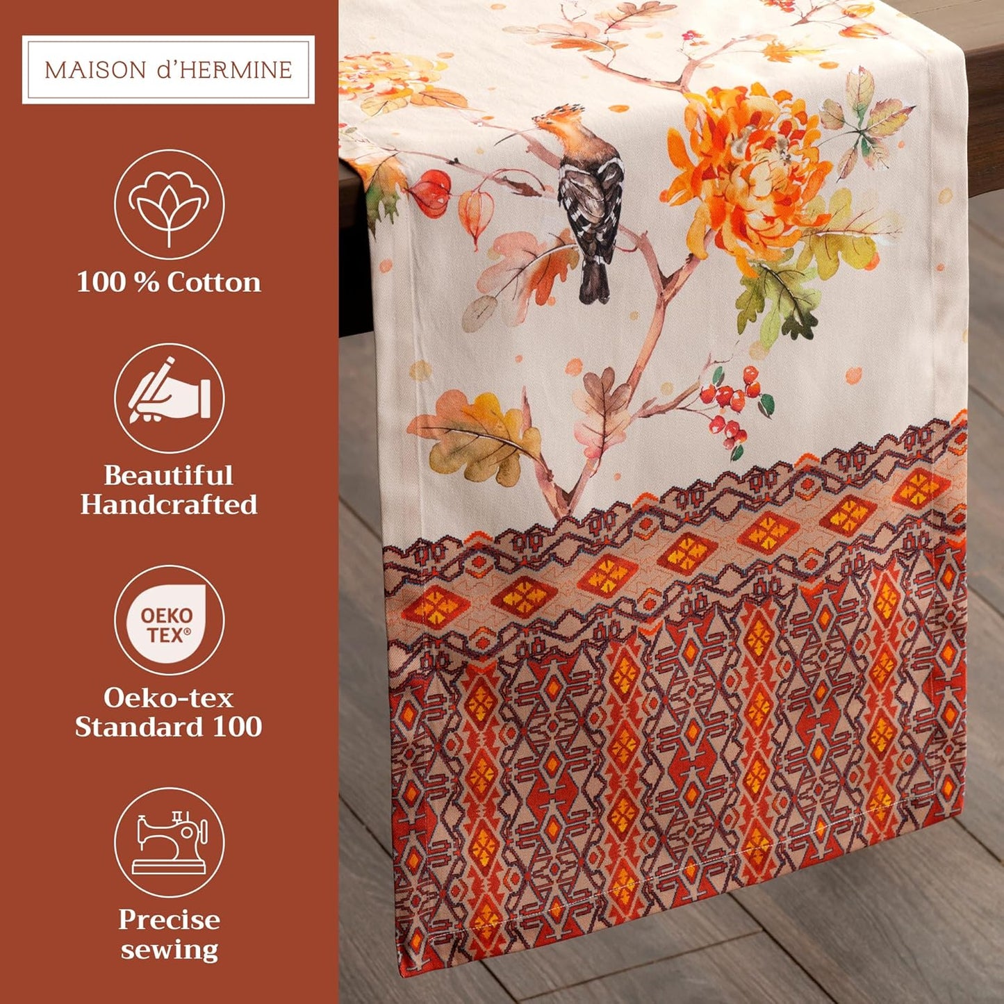 Maison d' Hermine Table Runner 100% Cotton Single Layer Table Runners 108 inches Long for Thanksgiving Christmas Decorations Home Kitchen Dining Party Wedding (Kelim - Prairie, 14.5" x 108")