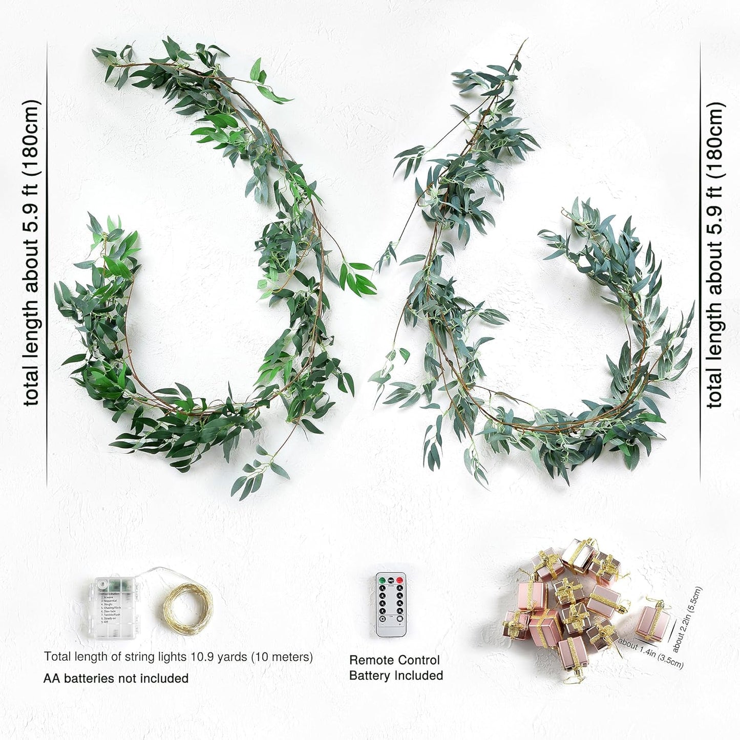 Artificial Willow Garland with Battery String Lights & Pink Gift Box Ornaments – 2-Pack Lighted Greenery Vine, with Remote for Mantels, Weddings, Fireplace, Holidays, Parties & Everyday Home Decor