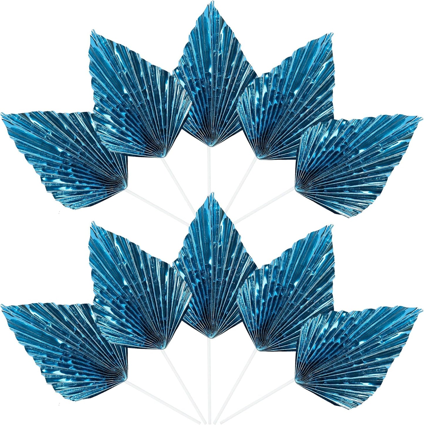 Ephlyn 6Pcs Paper Palm Leaves Fan Cake Toppers Palm Leaf Fan Cake Picks Craft DIY Fan Cupcake Toppers Palm Spear Leaves Cake Decorations for Baby Shower Wedding Birthday Party Supplies Bright Blue