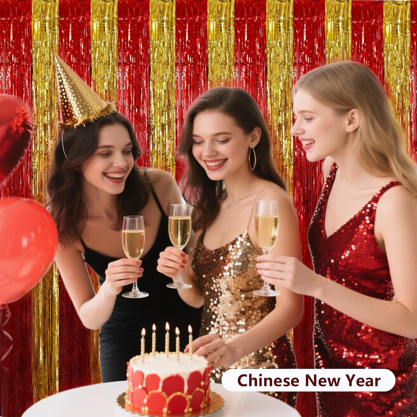 BEISHIDA Red Gold Door Streamers Backdrop Foil Fringe Tinsel Party Streamers Curtains Photo Backdrop for Birthday Graduation Christians Party Decoations