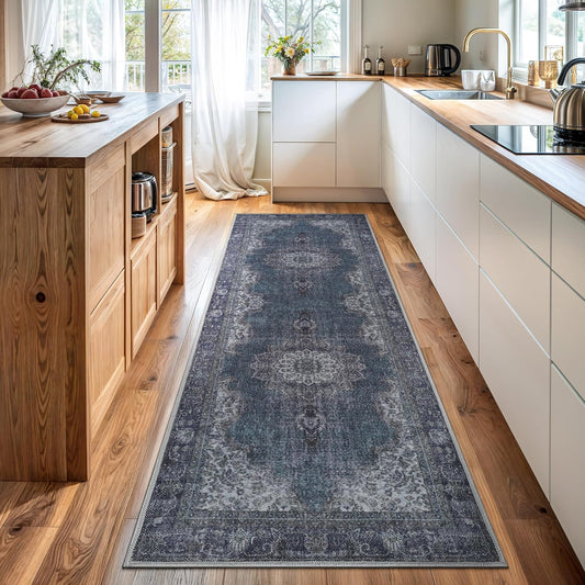 Bloom Rugs Washable Non-Slip 12 ft Runner - Dark Teal Traditional Medallion Runner for Entryway, Hallway, Bathroom, and Kitchen - Exact Size: 2.5' x 12'