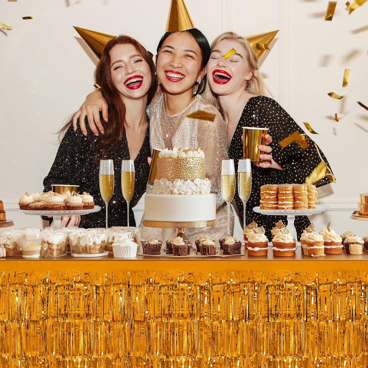 2 Pack Dark Purple Orange Table Skirts, 29x108" Metallic Foil Tinsel Fringe Table Skirt for Rectangle Tables Streamer Curtains Backdrop, Party Decorations for Birthdays, Weddings, Holidays