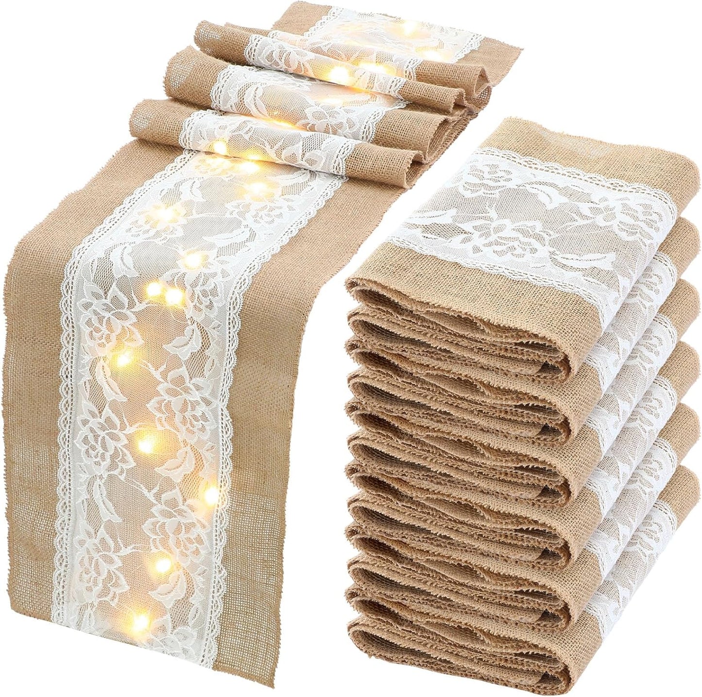 Xinnun 6 Pack Burlap Table Runner with LED String Lights, Modern Rustic Lace Natural Vintage Boho Jute Wedding Table Decor for Farmhouse Thanksgiving Christmas(Christmas Trim,12x70 Inches)