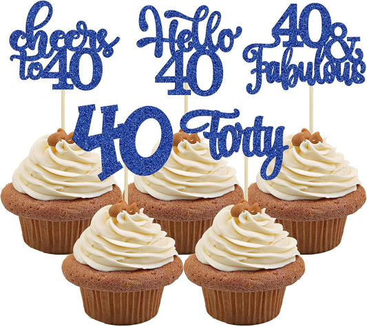 30pcs Happy 40th Birthday Cupcake Toppers - Deep Blue Glitter Forty Cheers to 40 Years Old Cupcake Picks for Anniversary Party Cake Decorations