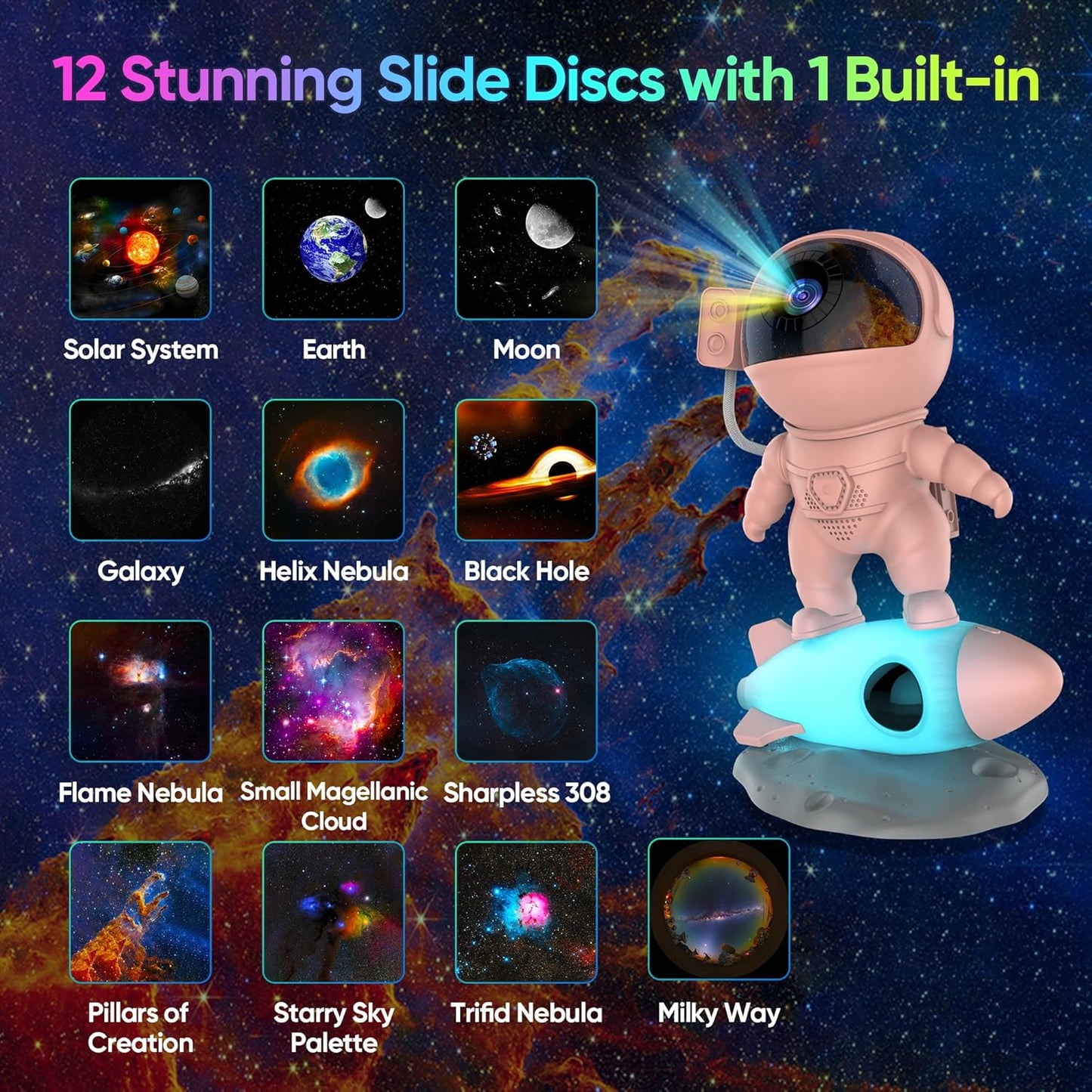 Star Projector, Astronaut Galaxy Projector for Bedroom, 12 in 1 HD Planetarium Projector with Timer & Rocket Night Lights, 360° Rotating Galaxy Star Night Light Projector for Kids Gifts