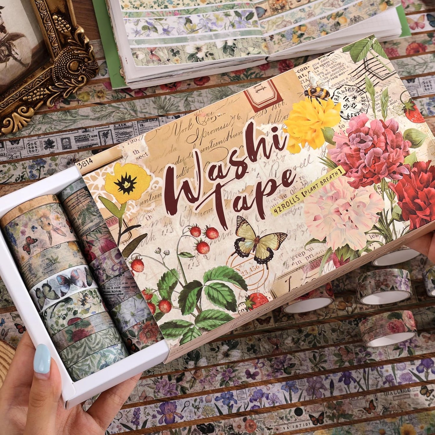 42 Rolls Vintage Washi Tape Set, Delicate Butterfly & Lush Floral Botanical Themed Writable Decorative Tapes with Retro Elements for Scrapbooking, Junk Journal Supplies, Bullet Journaling 5-25mm Wide