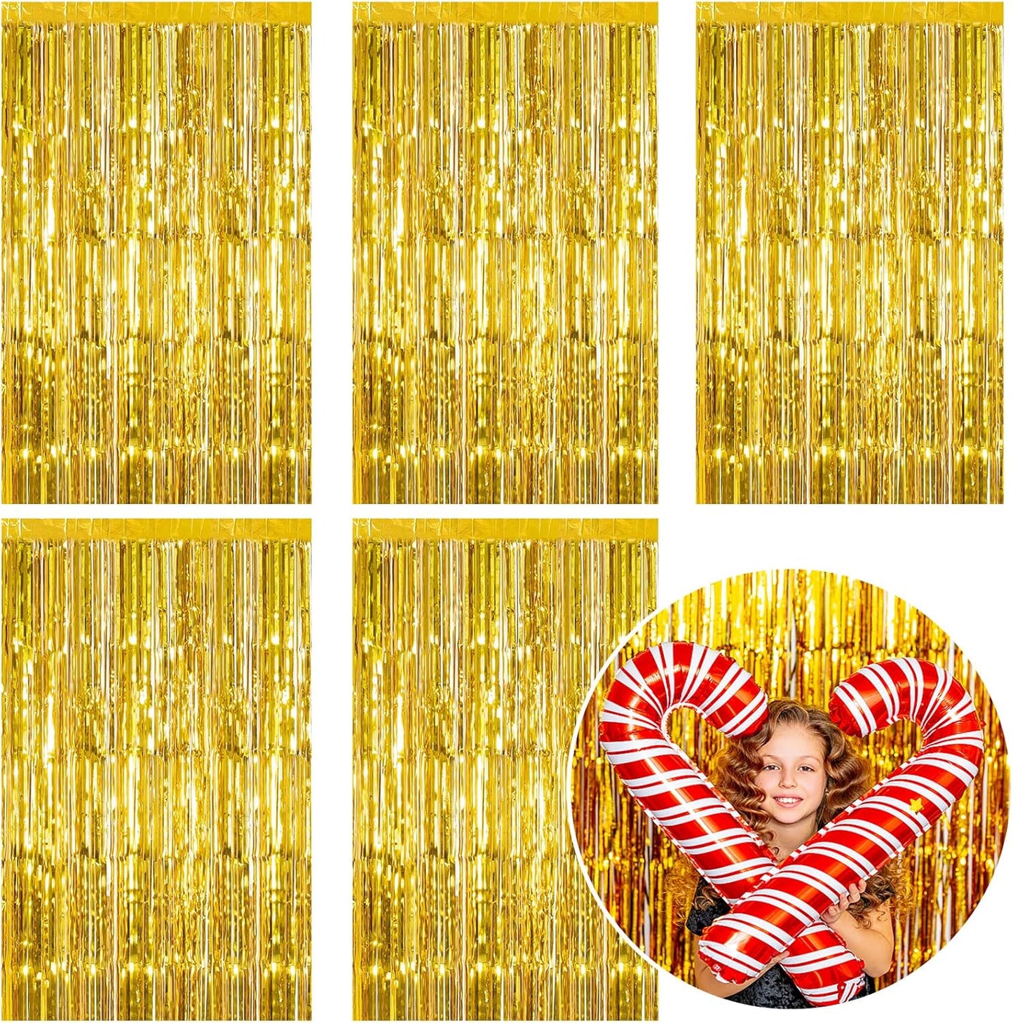 5 Pack Foil Curtain Backdrop Gold Metallic Tinsel Foil Fringe Curtains Photo Booth Props for Birthday Wedding Engagement Baby Shower Bachelorette Christmas Holiday Celebration Party Decorations