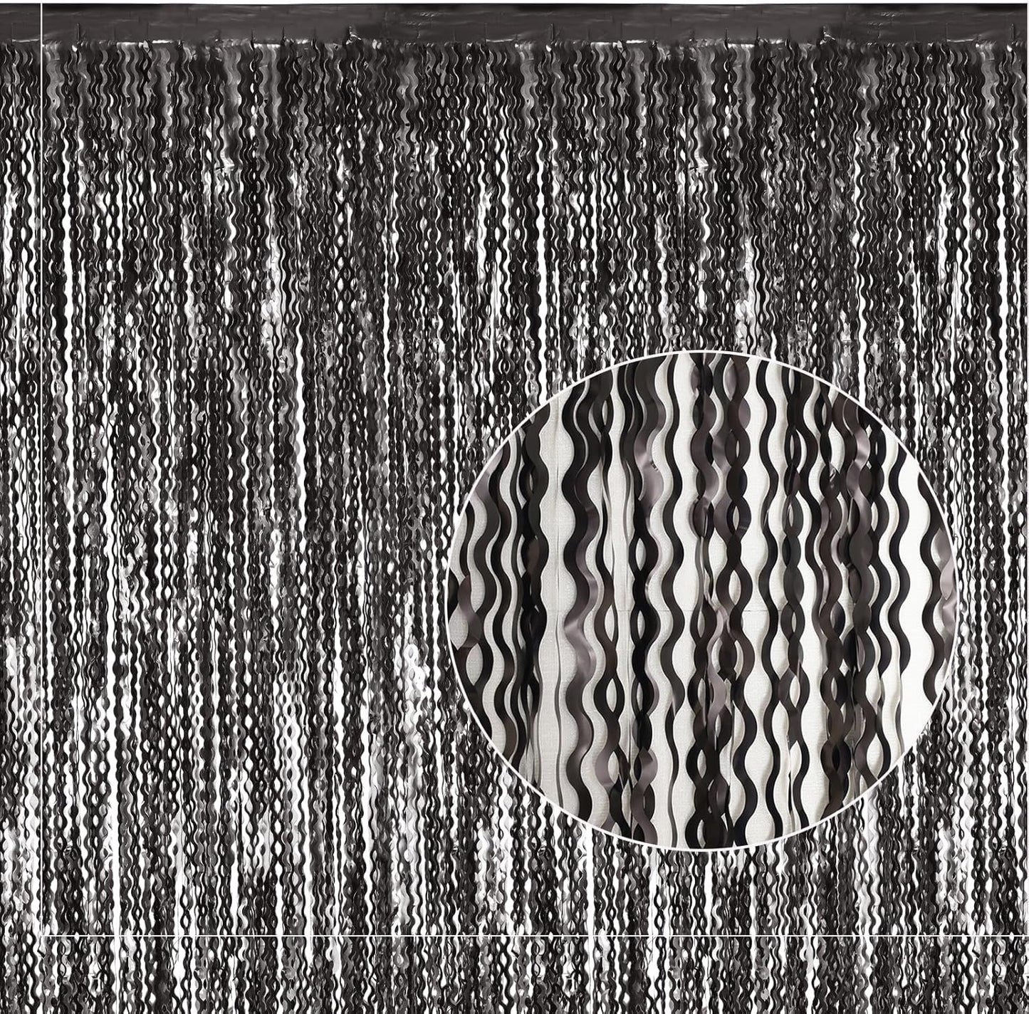 Black Foil Fringe Curtains Party Decorations - 4 Pack 3.3 ft x 6.6 ft Foil Party Curtain Streamer Backdrop for Halloween | Graduation | Fiesta Birthday Decor
