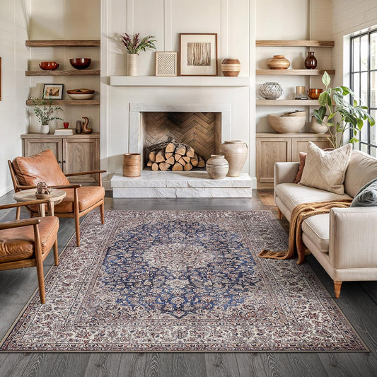 Bloom Rugs Washable Non-Slip 6' x 9' Rug - Dark Blue/Beige Traditional Medallion Area Rug for Living Room, Bedroom, Dining Room, and Kitchen - Exact Size: 6' x 9'