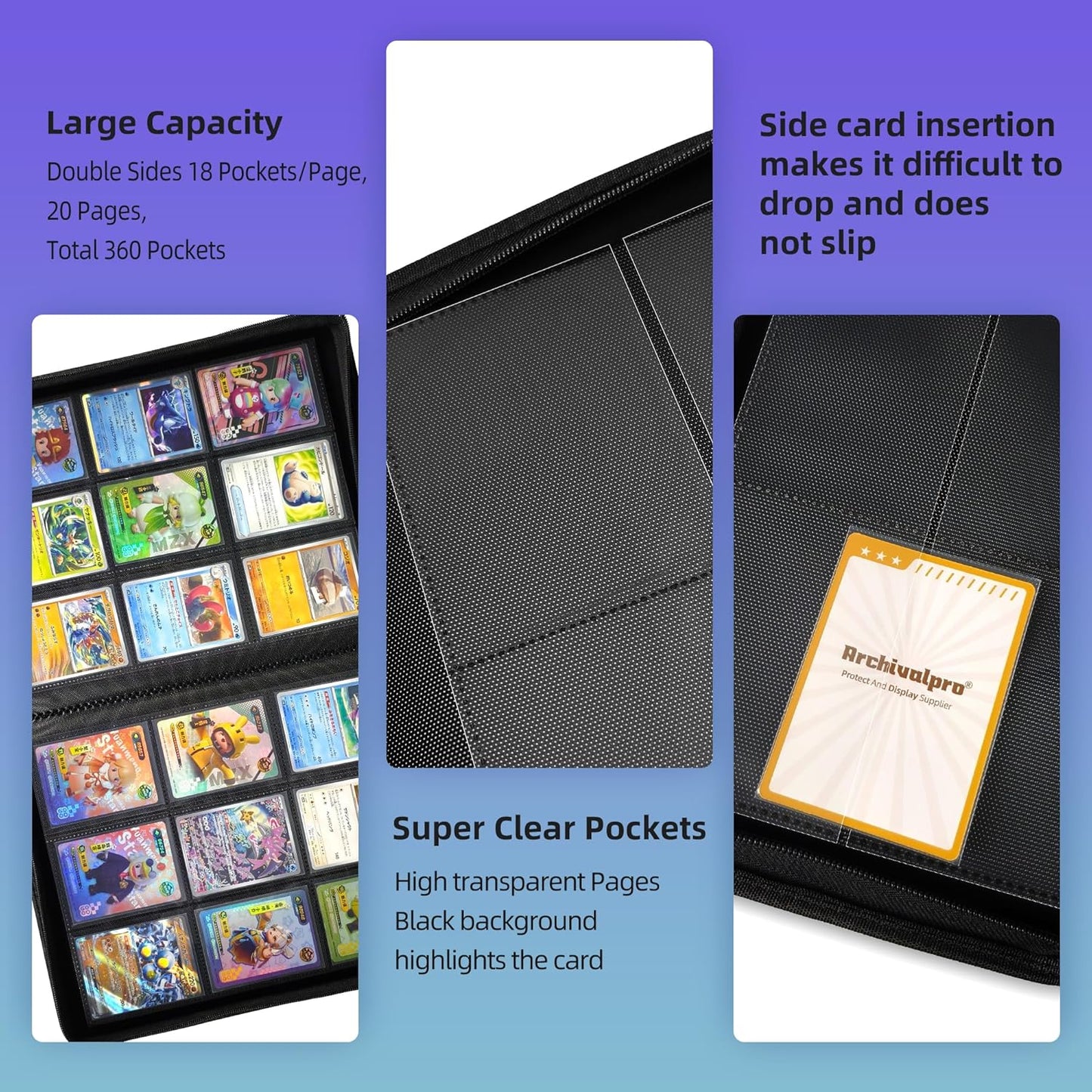 9 Pockets Premium Card Binder 360 Cards Trading Card Binders Zip Card Storage Display Album(9 Pocket 360 Card Slot,Blue)