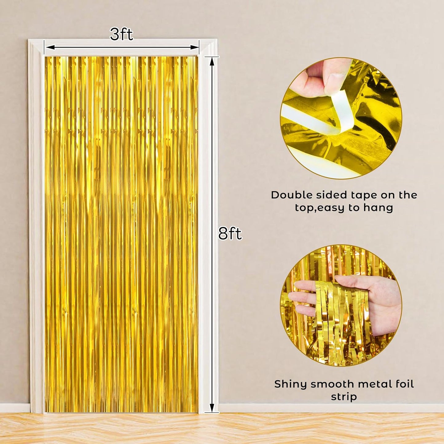 BTSD-home Gold Foil Fringe Curtain, Metallic Photo Booth Backdrop Tinsel Door Curtains for Wedding Birthday Bridal Shower Baby Shower Bachelorette Christmas Party Decorations(4 Pack, 8ft x 3ft)
