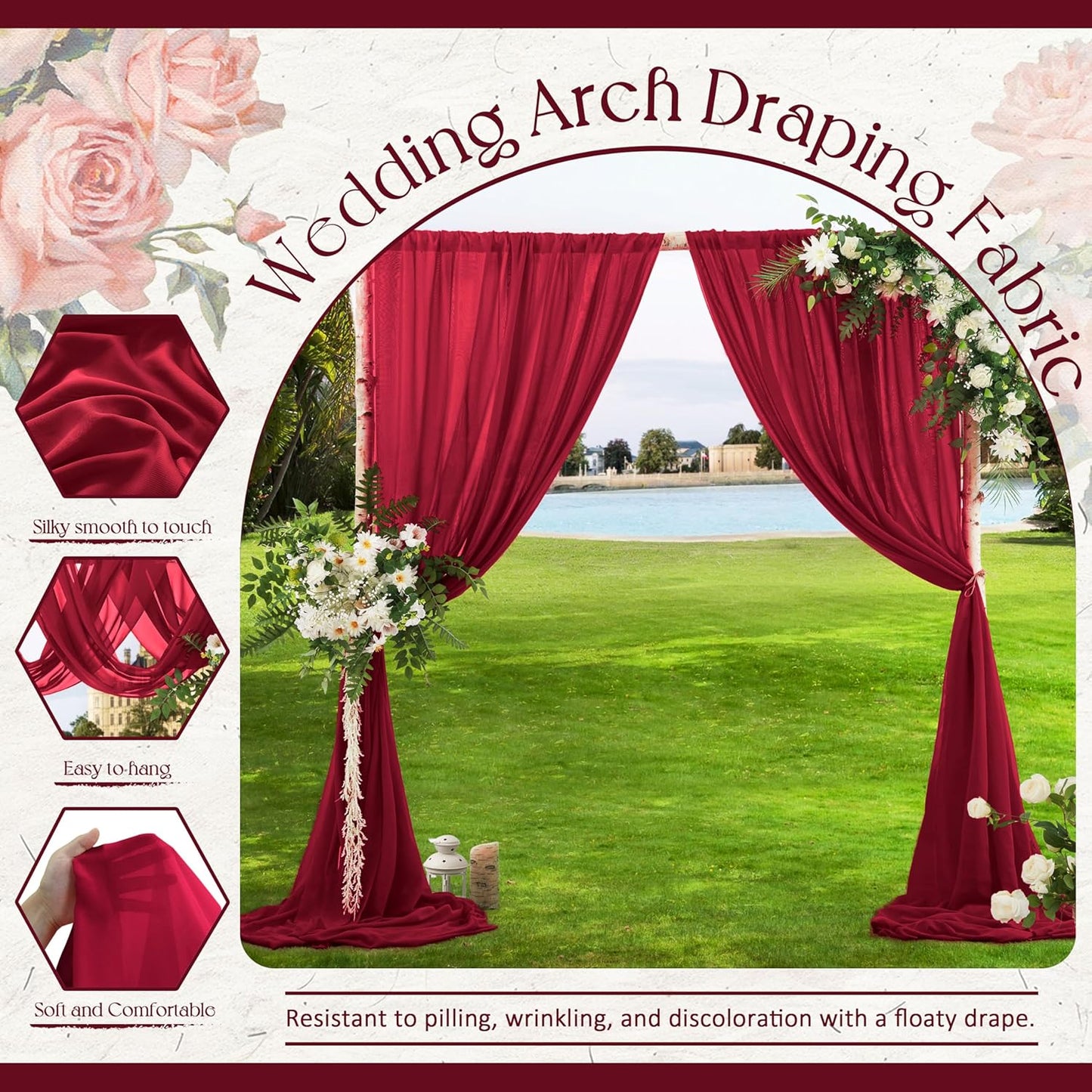 VACVELT Wedding Arch Draping Fabric - Burgundy Chiffon, 1 Panel Sheer Drapes, 30 Inch x 20ft Chiffon Backdrop Curtain, Outdoor Sheer Drapery for Ceremony Party Ceiling