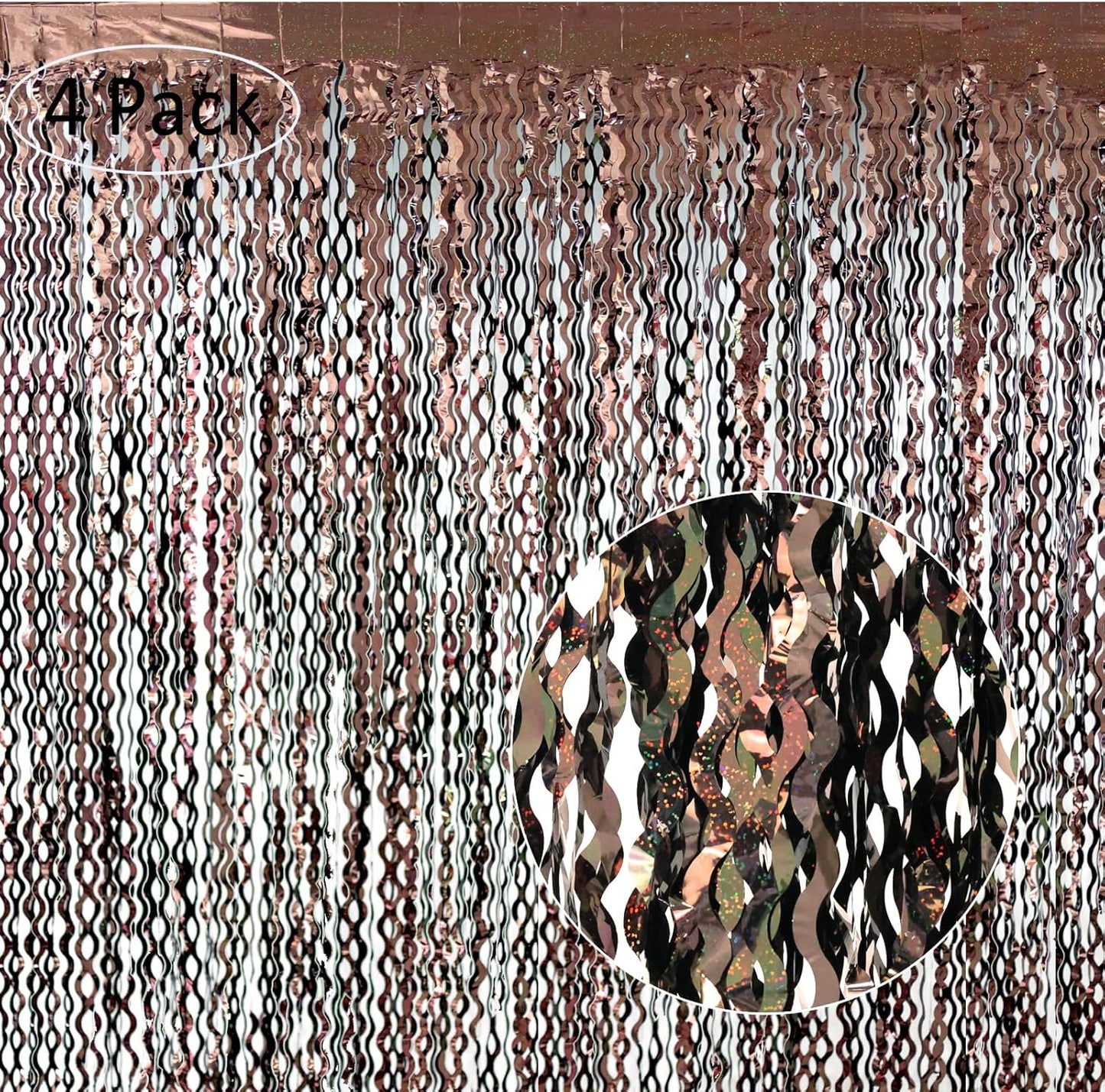 4Pcs Brown Metallic Wavy Tinsel Curtains - 3.3x6.6 ft Foil Curtain Backdrop for Birthday Party, Halloween Decor