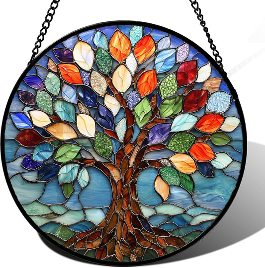 Stained Glass Window Hanging, Colorful Tree of Life Sun Catchers Glass Panel Blue Suncatcher Decor for Birthday for Women, Men, Wife, Aunt, and Mom 14.9x14.9 in