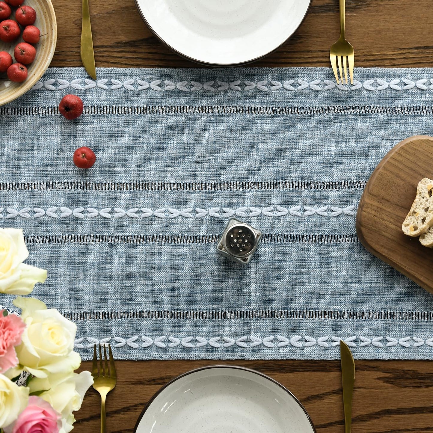 Artoid Mode Dusty Blue Cotton Linen Table Runner, Seasonal Rustic Embroidered Hollow Kitchen Dining Table Decoration for Home Party Decor 13x60 Inch