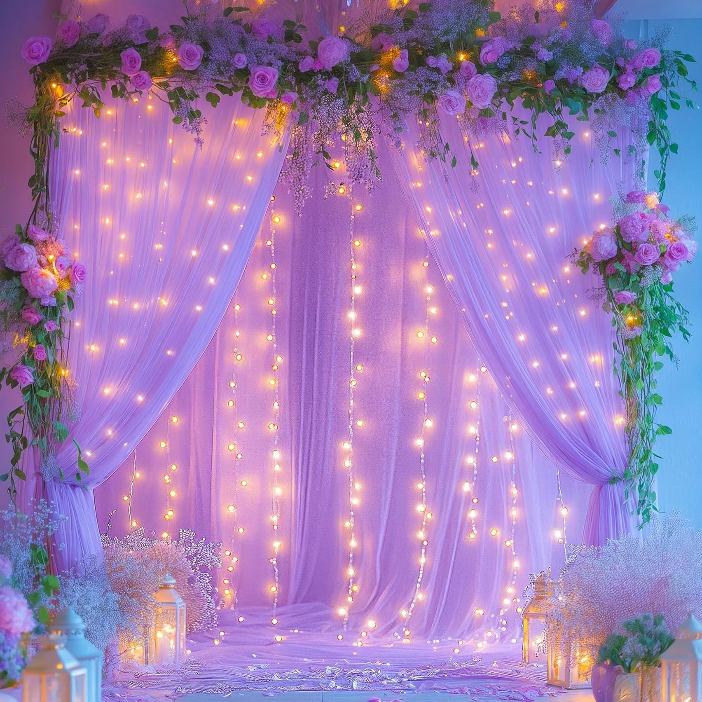 20x10ft Lavender Tulle Backdrop Curtains with Lights for Party Wedding Baby Shower, Sheer Wrinkle Free Backdrop Curtains for Birthday Party Photo Booth Background Decoration