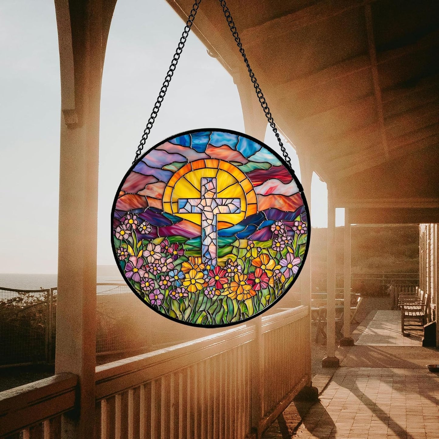 Stained Glass Window Hanging - Cross Flower Sea Sun Catcher for Door Terrace Garden Home Decor, Mountains Landscape Suncatcher Birthday Gifts for Lovers Women Men Dad Mom Nana 6.3 in