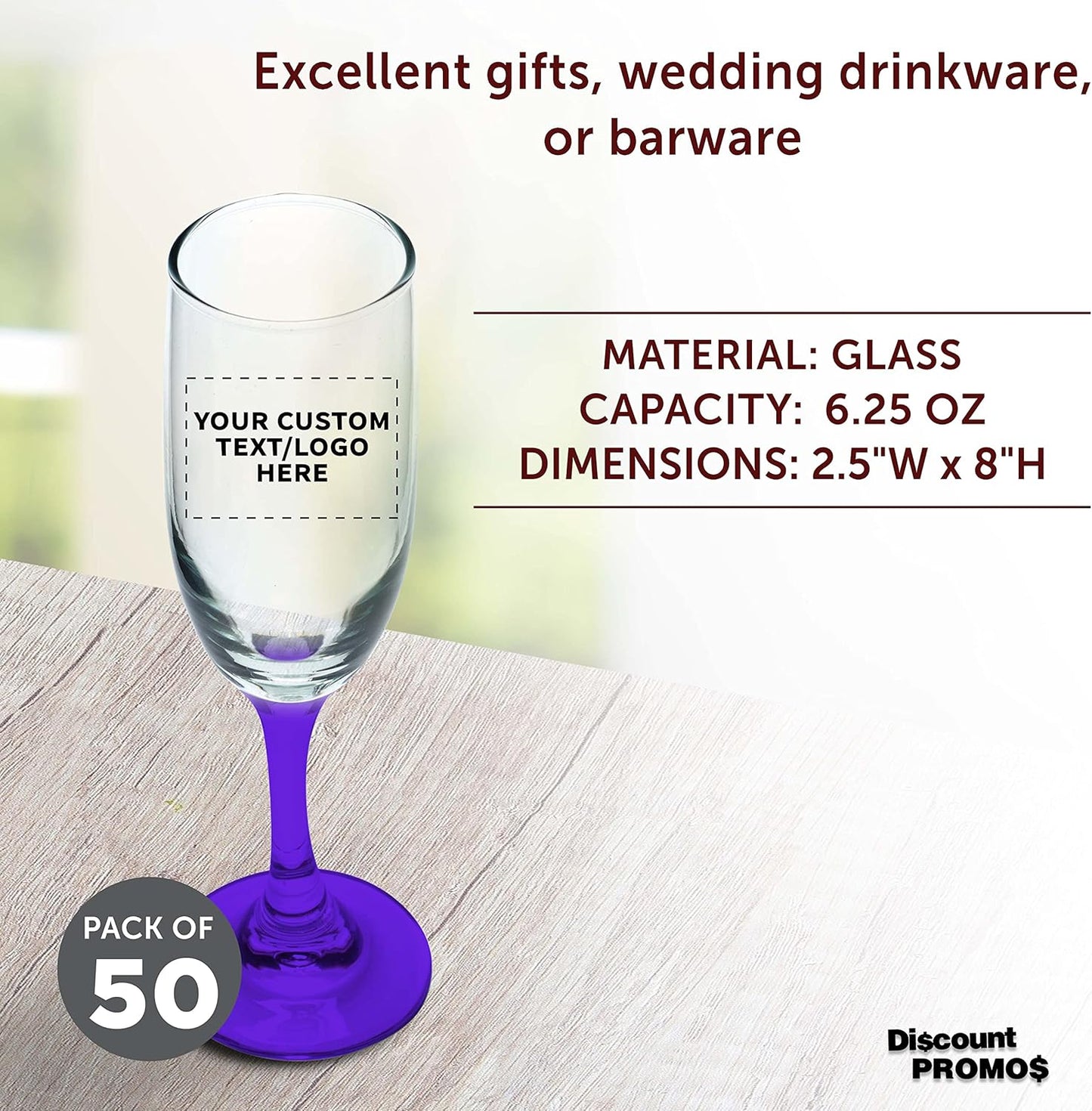 DISCOUNT PROMOS Custom Premiere Champagne Flutes 6.25 oz. Set of 50, Personalized Bulk Pack - Elegant Drinkware for Weddings, Events, & Promotional Gifts - Purple