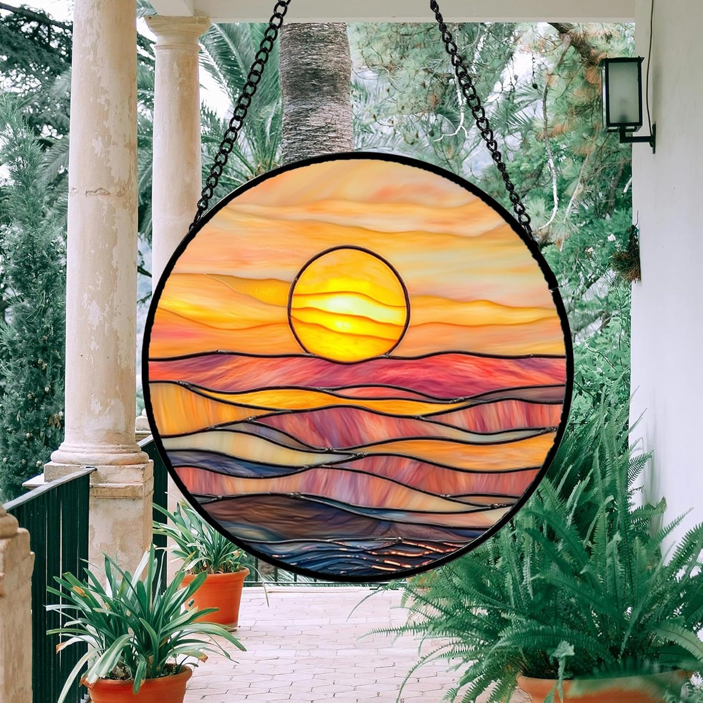 Stained Glass Window Hanging, Orange Sunrise Suncatcher Diamond Glass Panel Hangings Scenery Sun Catchers Decor for Birthday for Women, Men, Wife, Aunt, and Mom 7.8 in