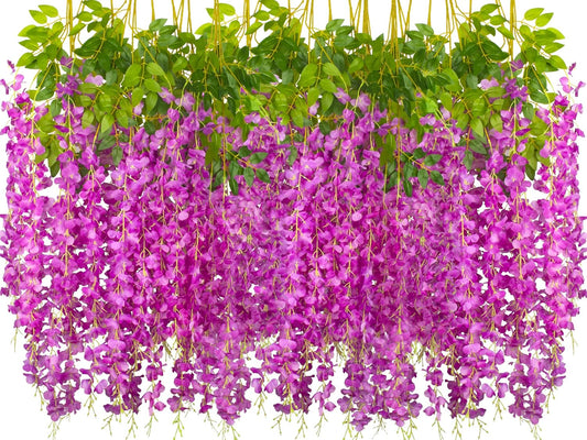 24 Pack Artificial Fake Wisteria Vine Ratta (3.75 Feet) Hanging Garland Silk Flowers String Home Party Wedding Decor(Purple)