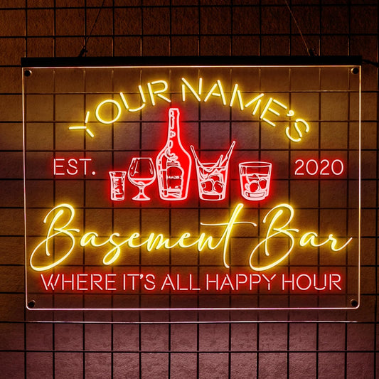 Personalized Basement Bar LED Neon Sign, Custom Name Happy Hour Acrylic Wall Light for Home Bar & Man Cave Decor