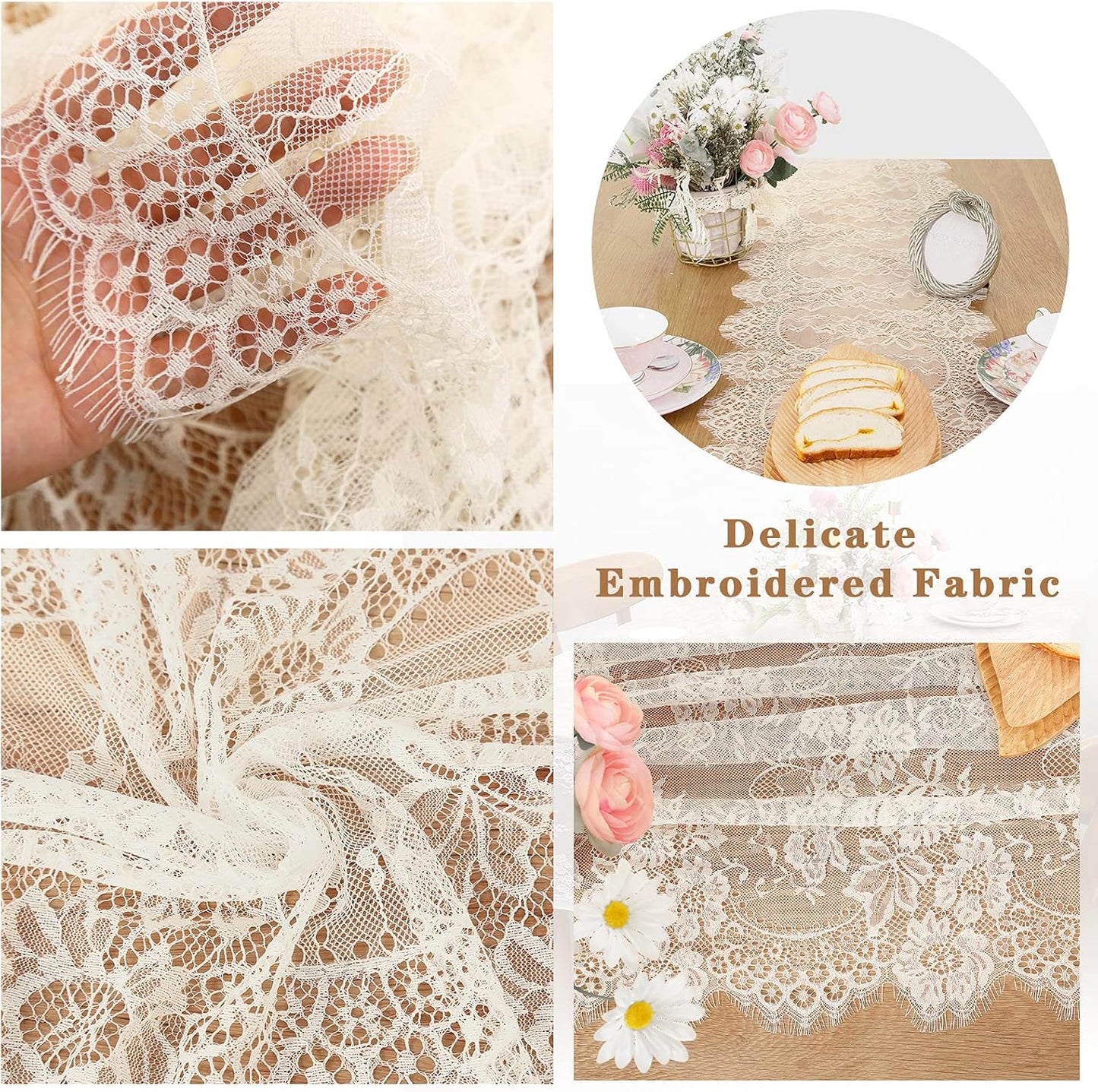 2 Pack Ivory Lace Table Runners 14x120 inch Rectangular Wedding Table Runner Chic Embroidered Chic Table Cloths for Wedding Party Romantic Decorations