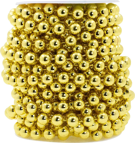 Mandala Crafts 10mm Faux Metallic Gold Pearl Beads Roll - 11 Yards Strand of Fake Pearls Chain Garlands Spool String for Christmas Tree, Wedding, Party, Vases, DIY Decoration