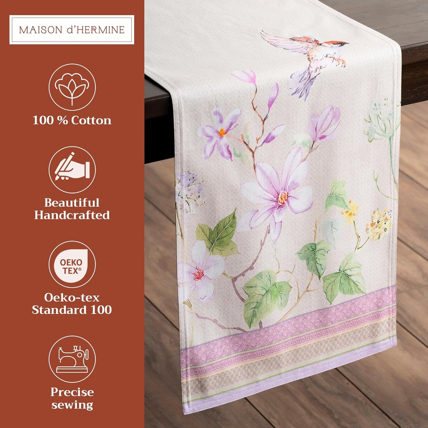 Maison d' Hermine Table Runner 100% Cotton Double Layer Table Runners 108 inches Long Decorative for Home Kitchen Dining Party Wedding Bridal Shower Spring Summer (Magnolia Mornings, 14.50" x 108")