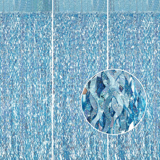 3 Pack 3.3 ft x 6.6 ft Tinsel Foil Fringe Curtain Blue - Foil Fringe Backdrop Wall Curtains for Baby Shower,Mermaid,Under The Sea,Ocean,Frozen Party Decorations