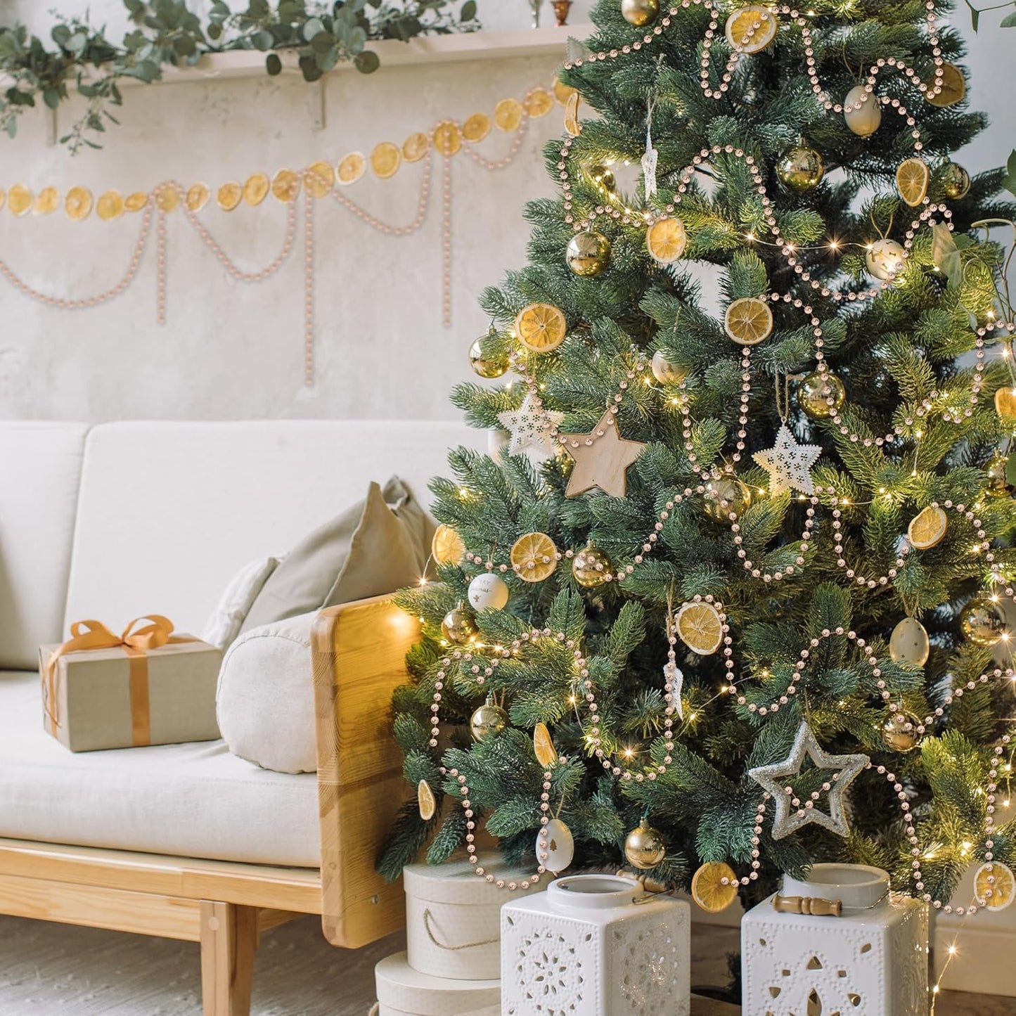 100 Feet Christmas Tree Decor, Rose Gold Christmas Tree Garland, Artificial Beads Strands Chain Xmas Tree Decorations for Xmas DIY Fireplace Curtains Home Party Decor