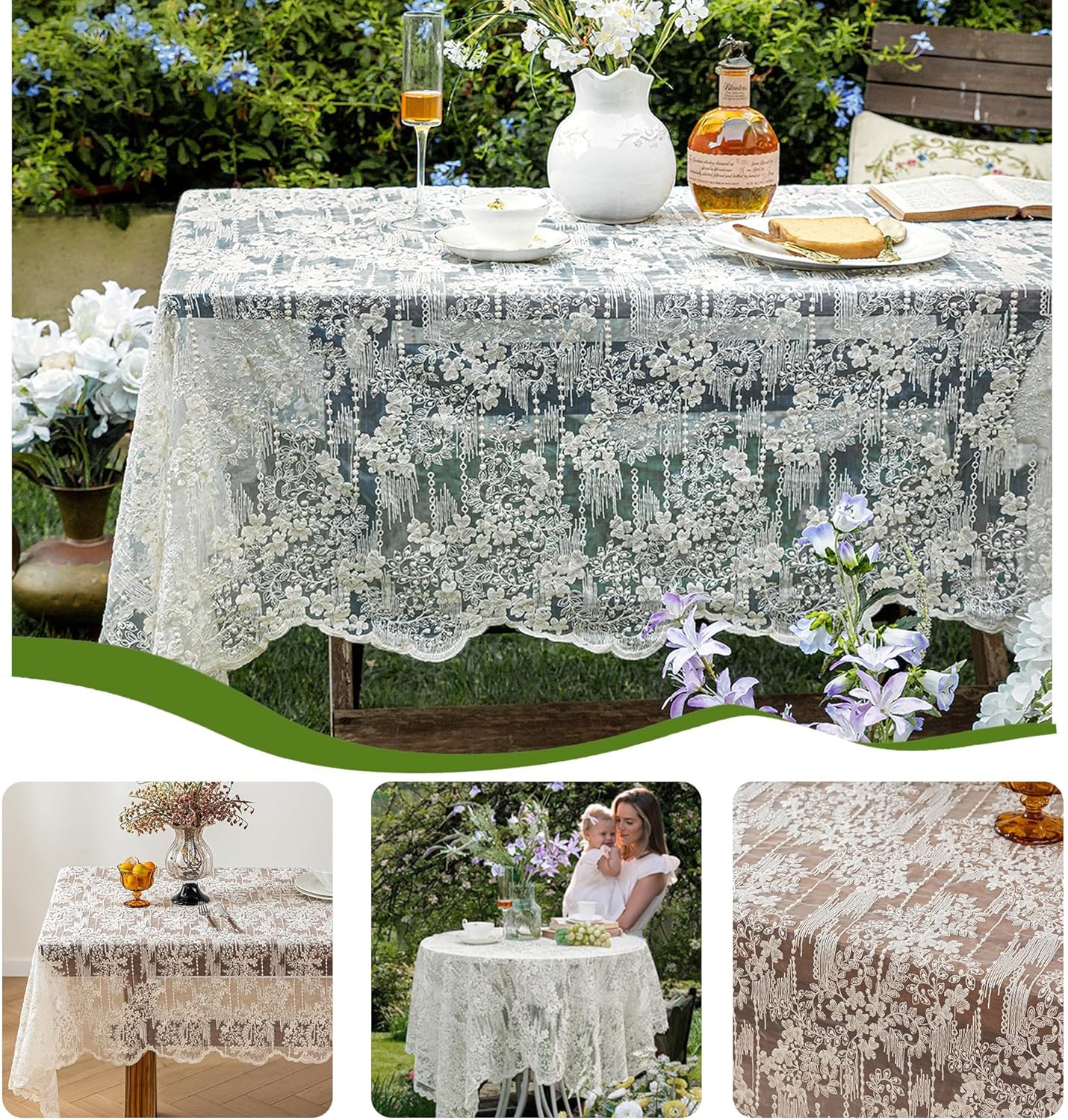 Lace Embroidered Tablecloth. Rectangle Lace Vintage Tablecloth Dustproof Table Protector for Kitchen Dining Room Party Banquet Home Picnic Wedding Decoration (Creamy White 78.5×53 inch)