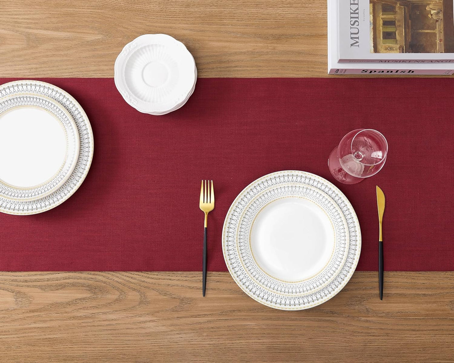 ZeeMart Linen Textured Border Table Runner, 14 x 60 Inch Red, Farmhouse Style Red Table Runners 60 Inches Long, Easy Care Everyday Polyester Table Runner