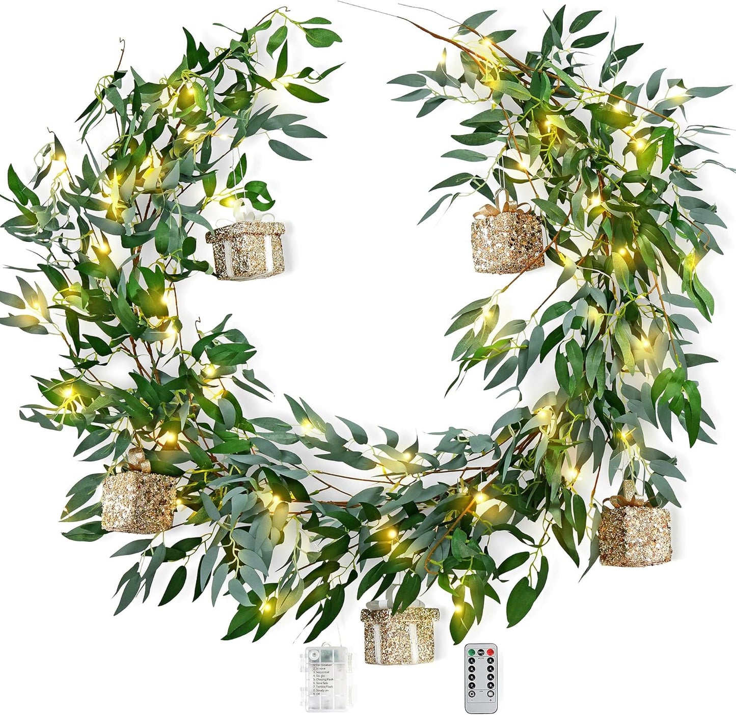 Artificial Willow Garland with Lights & Ornaments – 2-Pack Lighted Greenery Vine, Battery Fairy Lights with Remote & Timer for Mantels, Weddings, Fireplace, Holidays, Parties & Everyday Home Decor