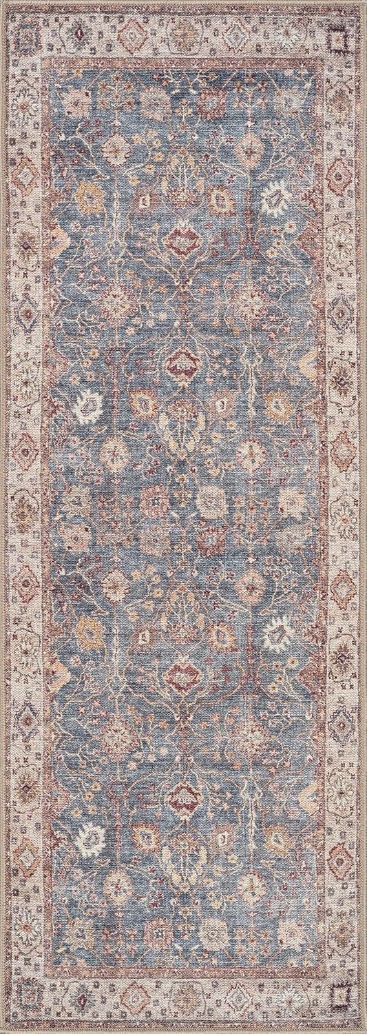 Bloom Rugs Washable Non-Slip 12 ft Runner - Beige/Blue Traditional Bordered Runner for Entryway, Hallway, Bathroom, and Kitchen - Exact Size: 2.5' x 12'