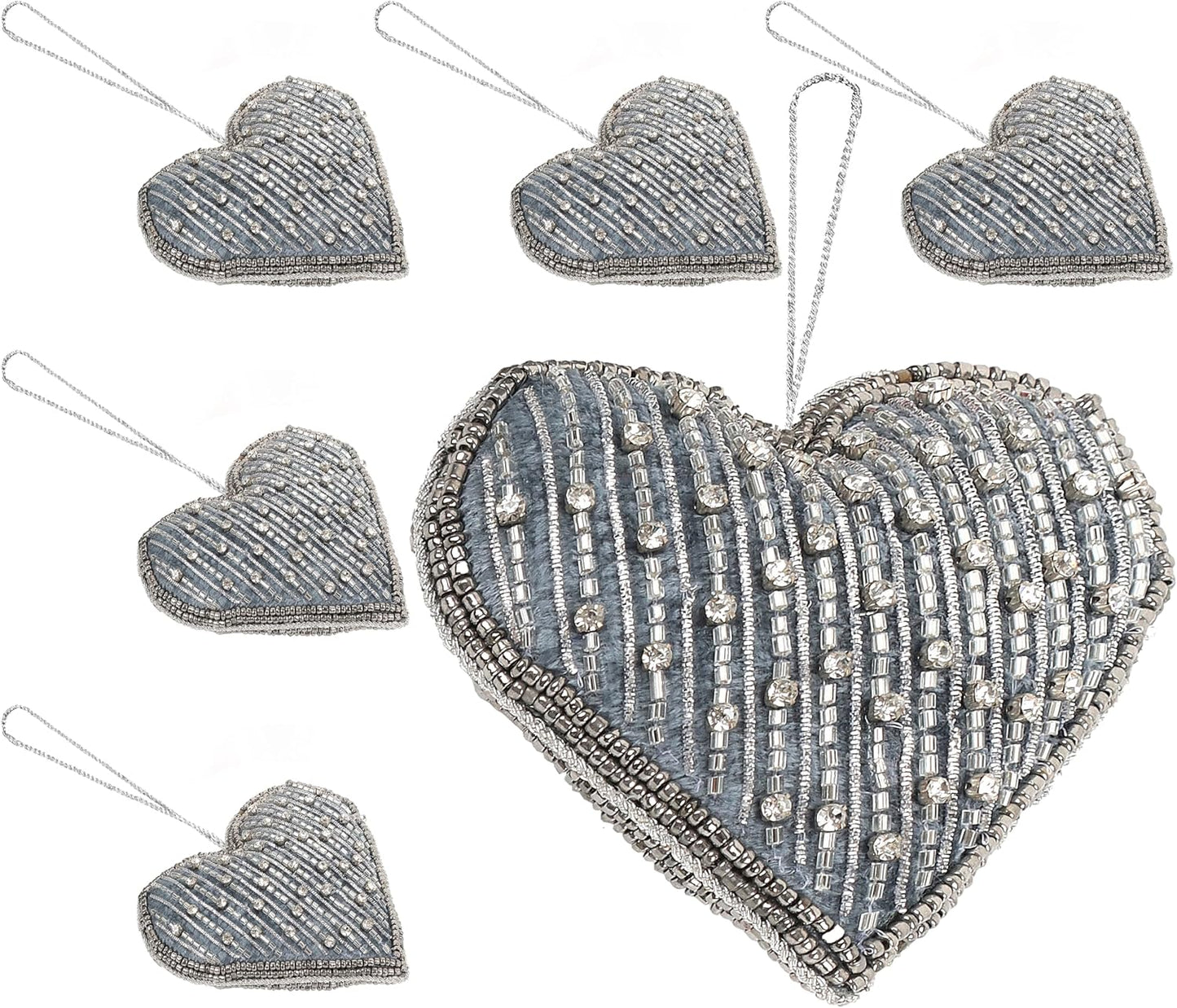 Set of 6 Beaded Heart Ornaments - Rustic Hanging Love Decorations, Farmhouse Wall Decor, Romantic Gifts for Her, Him, or Couples - Handmade Valentine’s Day & Mother’s Day Decor (Grey) - CLEENTABLE