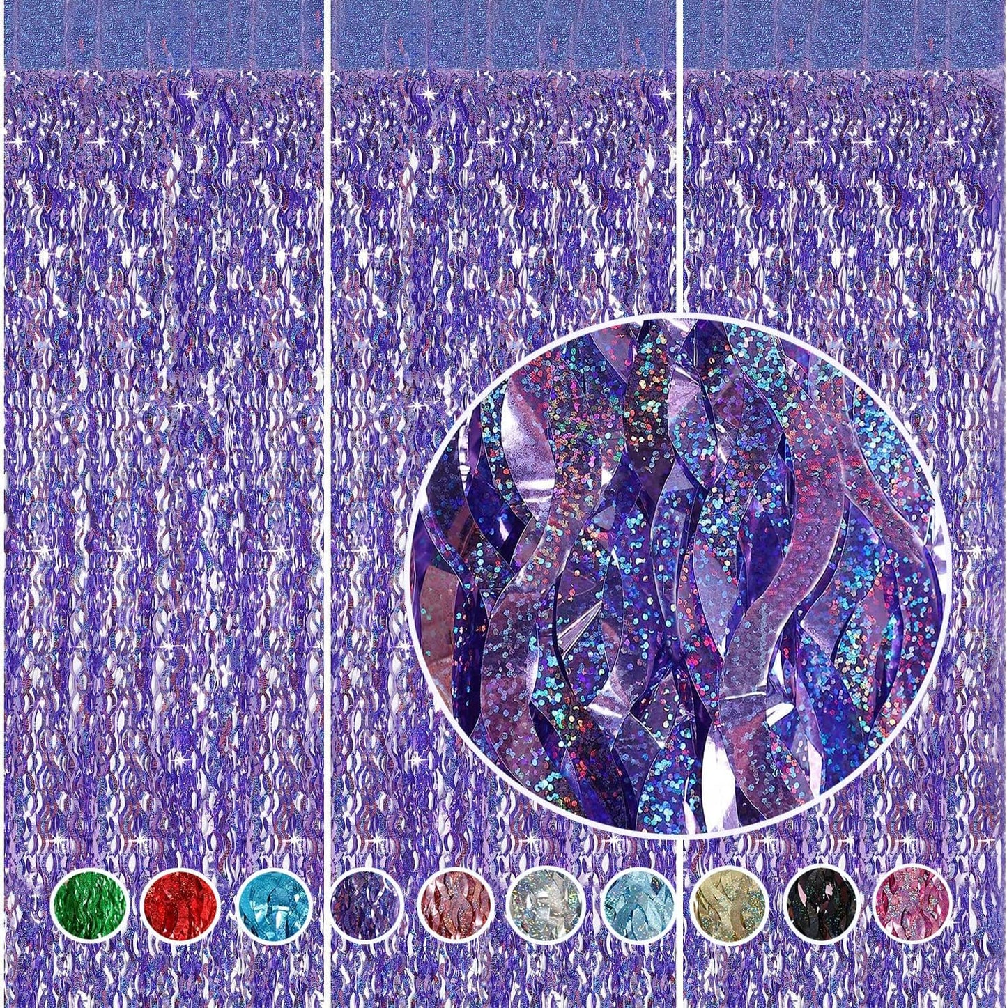 Purple Foil Fringe Curtains Party Decorations - CYLMFC 3 Pack 3.3 ft x 6.6 ft Foil Party Curtain for Hallowee Christmas Graduation Decor