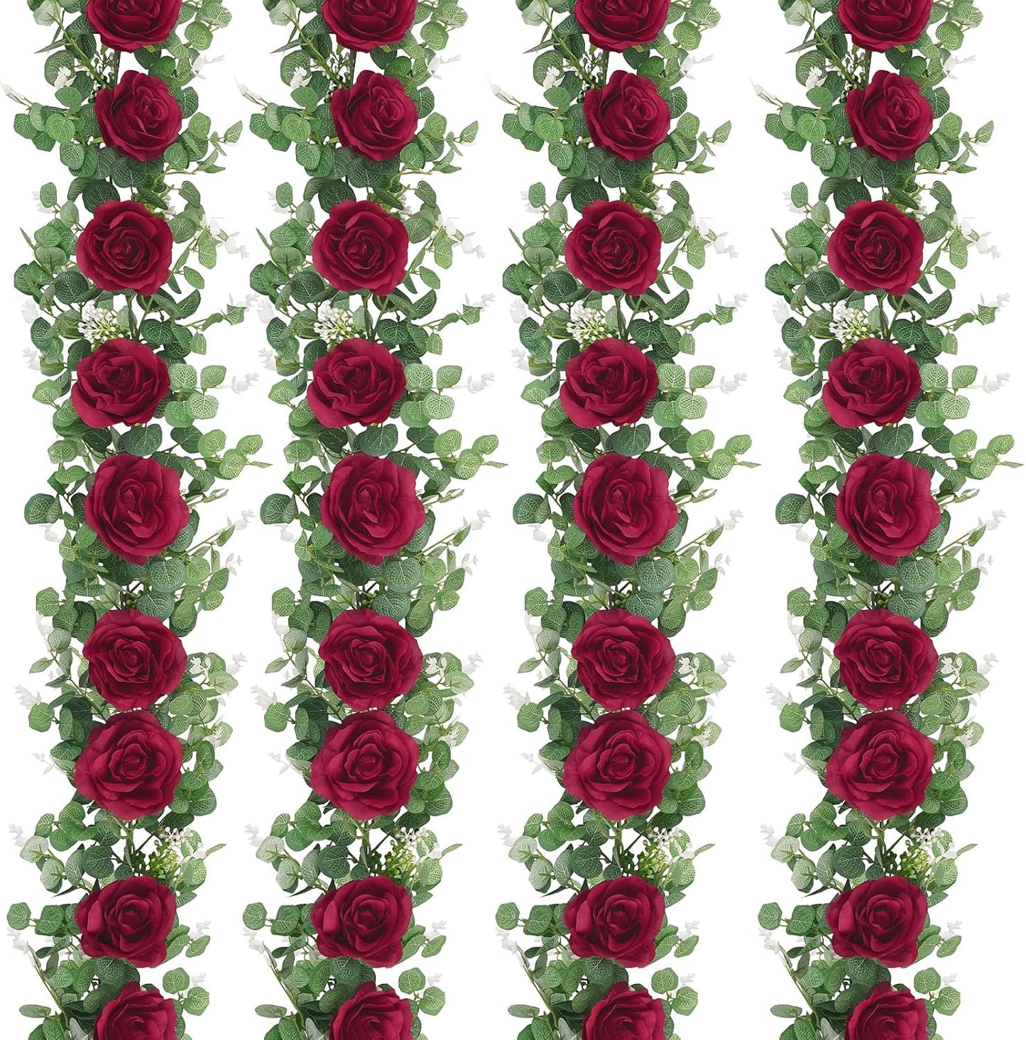 Dolicer 4Pcs 26Ft Artificial Eucalyptus Garlands with Flowers - 8 Roses, Faux Floral Greenery Garlands Fake Flowers Vines for Wedding Table Centerpieces Arch Party Ceremony Backdrop Decor (Red)