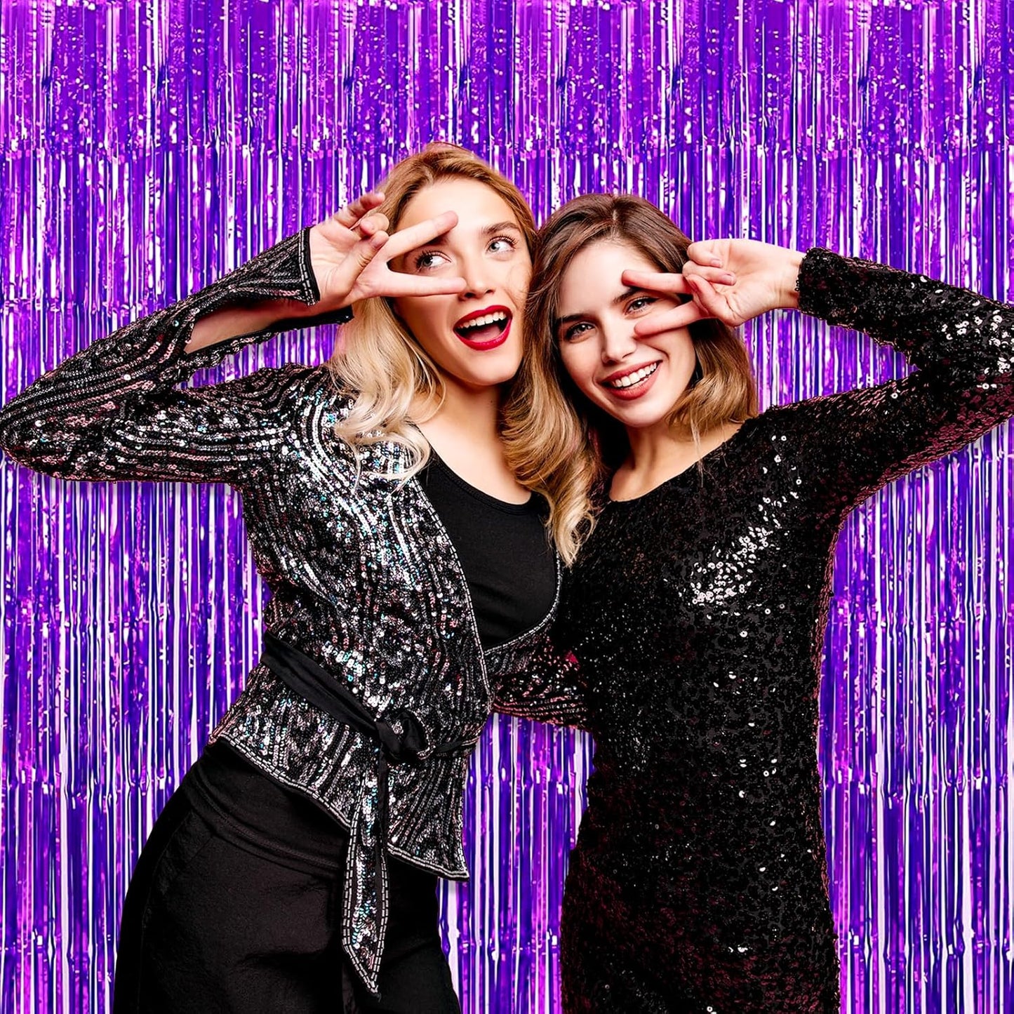 3 Pack Purple Foil Fringe Curtain Backdrop, 3.28Ft x 8.2Ft Metallic Tinsel Foil Fringe Streamer Curtains for Photo Booth, Christmas Day, Thanksgiving, Wedding, New Year Party Decorations