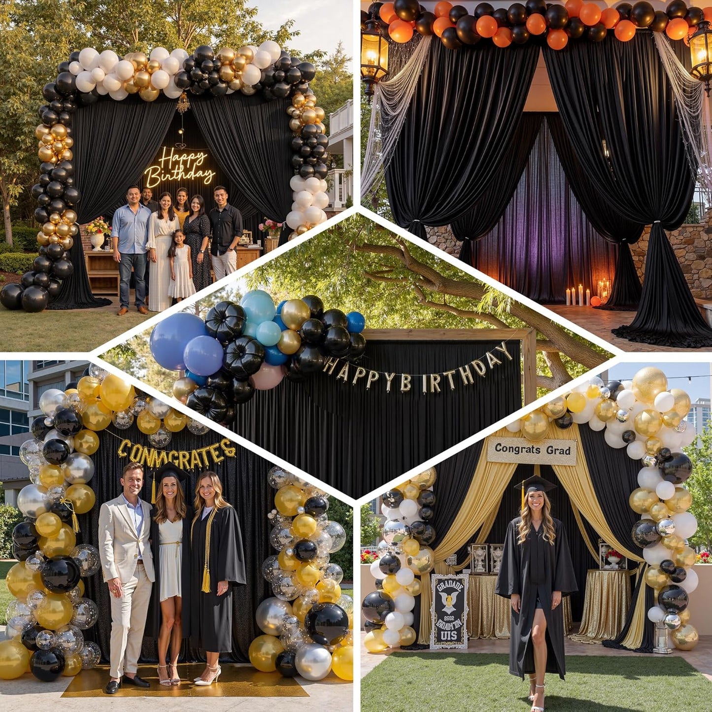 PartyVillage 10ft×15ft Black Backdrop Curtain for Halloween Parties, 2 Panels Wrinkle Free 15 FT Long Polyester Photo Backdrop Drapes Back Drop Cloth for Birthday Photography Background