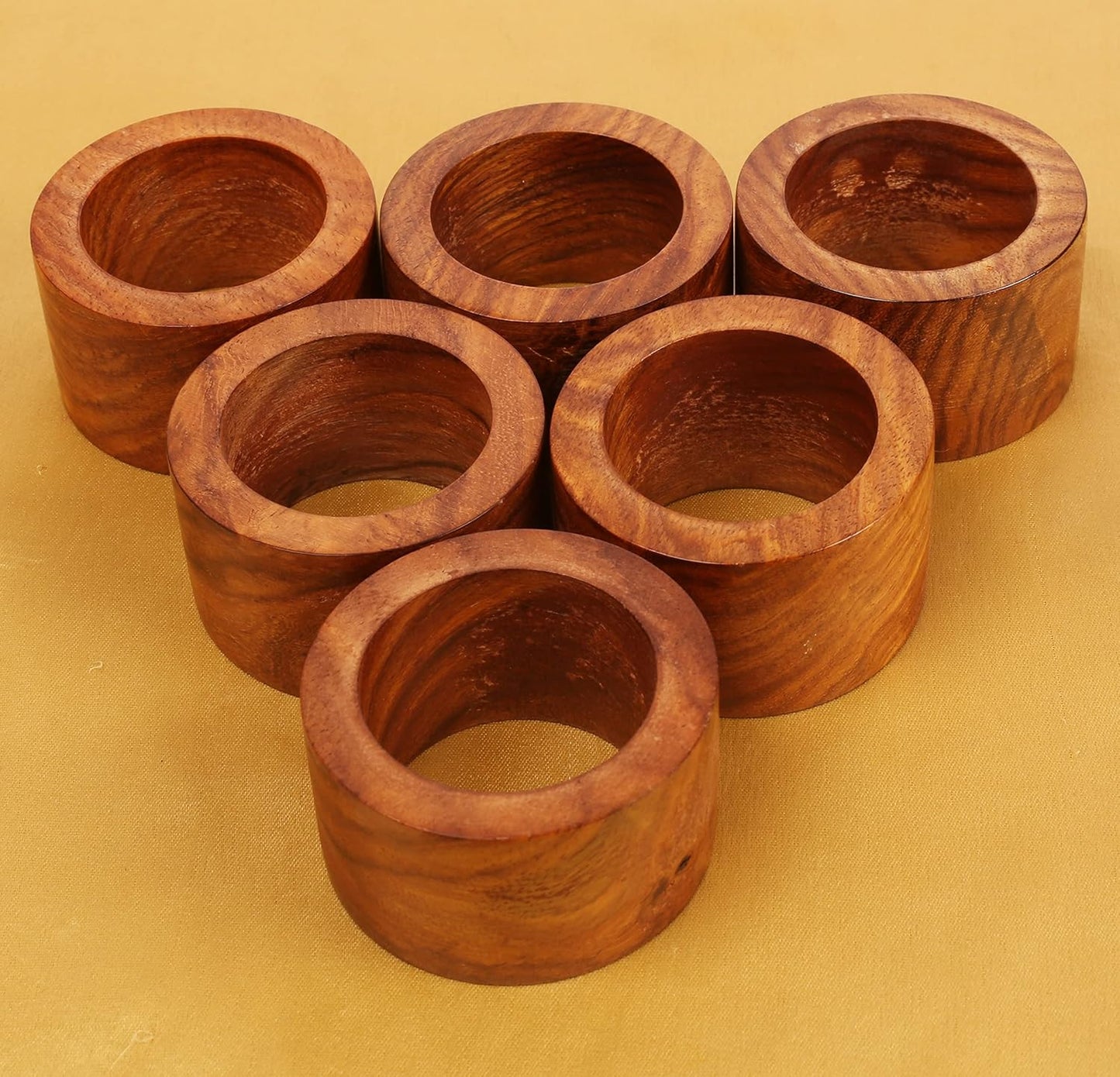 Beautifully Handcrafted Natural Wood Round Shape Large Size Party Dining Table Napkin Holders in Natural Tone. (Set of 6).