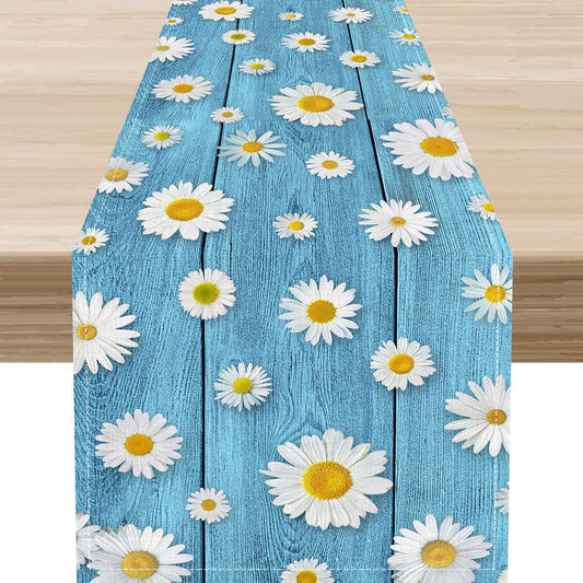 Daisy Floral Table Runner, Spring Seasonal Summer Wild Flower Rustic Country Farmhouse Table Center Decor for Home Kitchen Dining Patio Holiday Party Indoor Outdoor Table Decorations, 13"x72" Inch