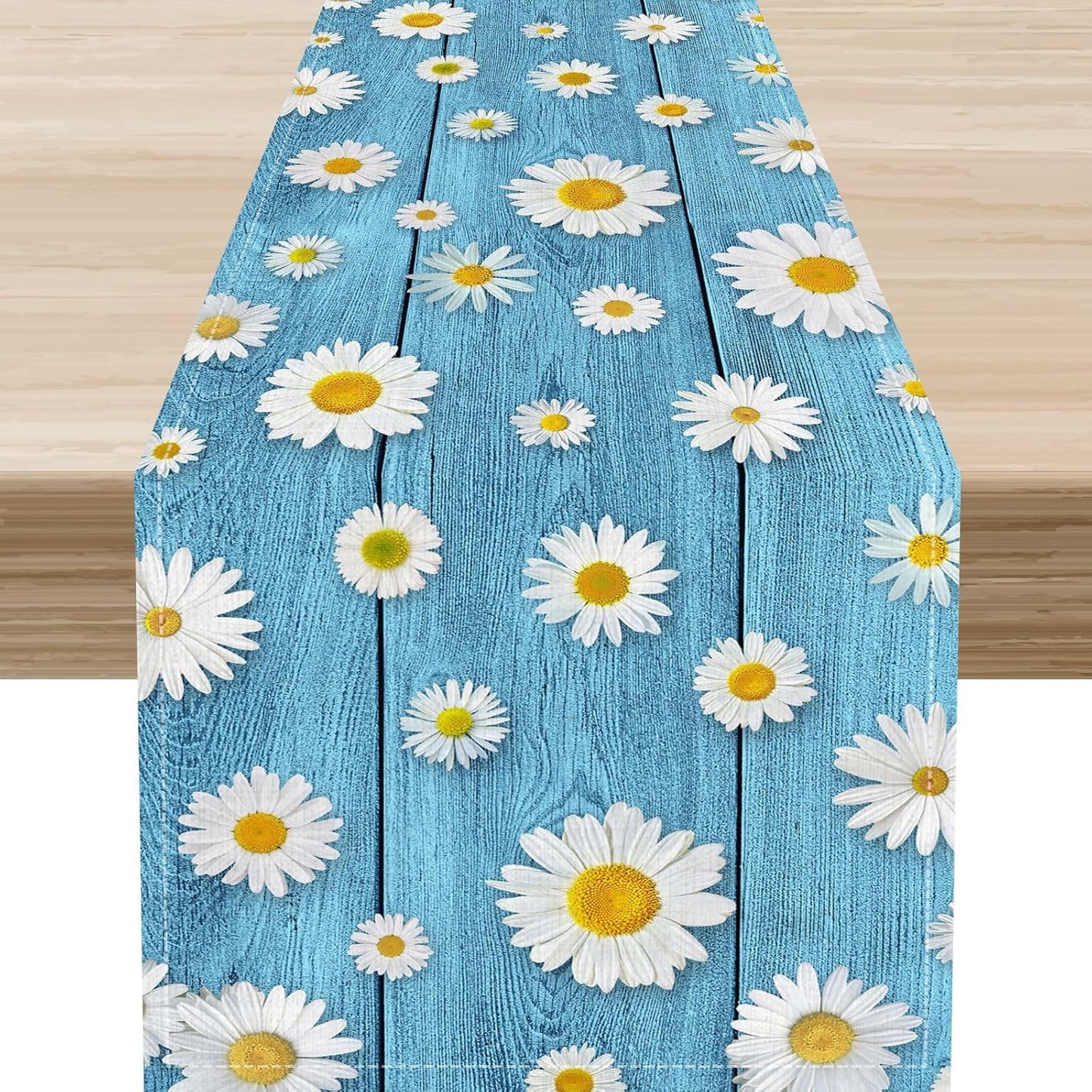 Daisy Floral Table Runner, Farmhouse Abstract Spring Seasonal Summer Blue White Flower Rustic Table Center Decor for Home Kitchen Dining Patio Holiday Party Indoor Table Decorations, 13"x90" Inch