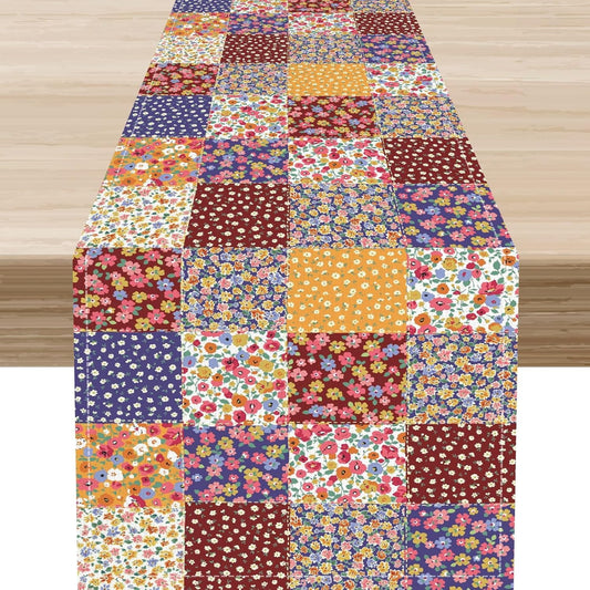 Patchwork Table Runner, Boho Vintage Floral Checkered Plaid Bohemian Paisley Flower Farmhouse Table Center Decor for Home Kitchen Dining Patio Holiday Party Indoor Table Decorations, 13"x90" Inch