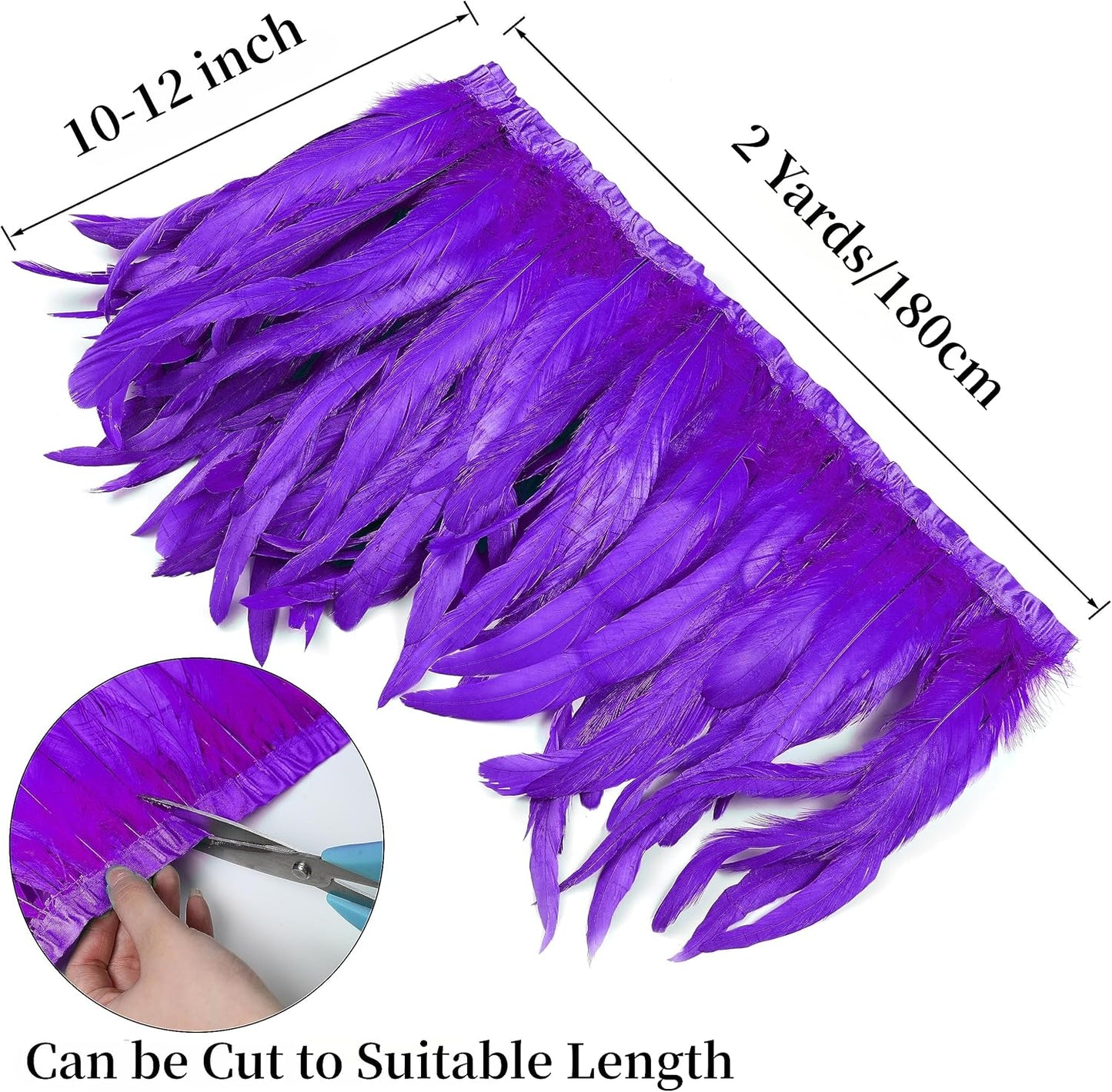 Holmgren Purple Rooster Feather Trim - 10-12inch 2 Yards Large Rooster Tail Feathers Fringe Trim for DIY Sewing Crafts, Feather Cape Shawl, Mardi Gras Party Costume Decoration (Purple)