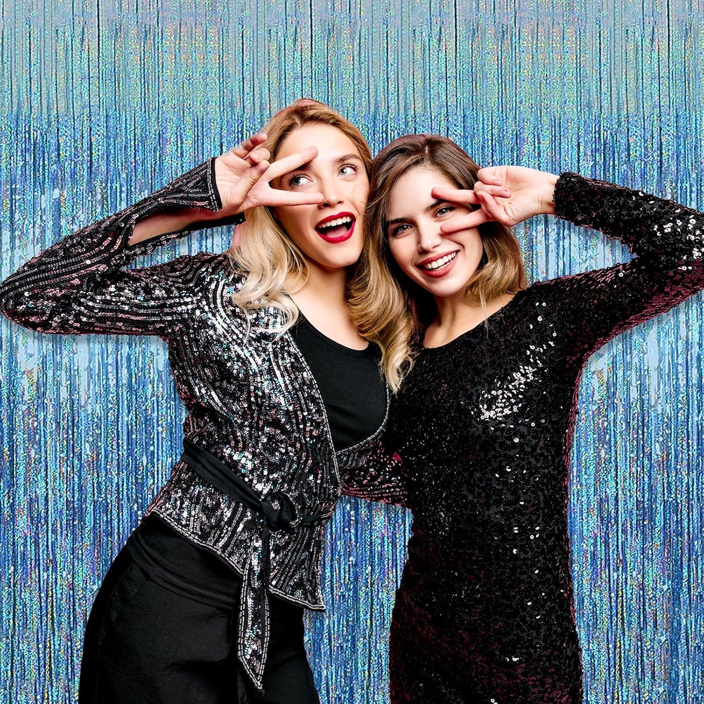 3 Pack Light Blue Foil Fringe Curtain Backdrop, 3.28Ft x 8.2Ft Metallic Tinsel Foil Fringe Streamer Curtains for Photo Booth, Mother's Day, Easter, Birthday, Wedding Party Decorations