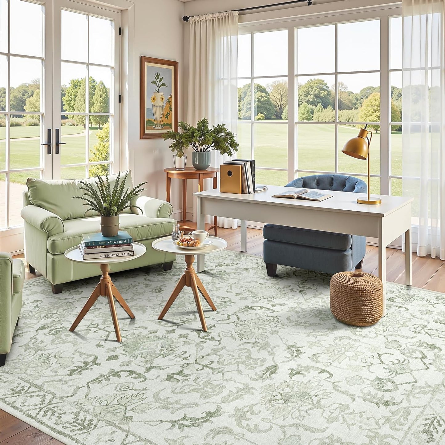 Sage Area Rugs 6x8 for Living Room, Washable Vintage Rugs for Bedroom, Distressed Throw Rug, Non Slip Floral Carpet Green Area Rug for Bedroom Dining Nursery