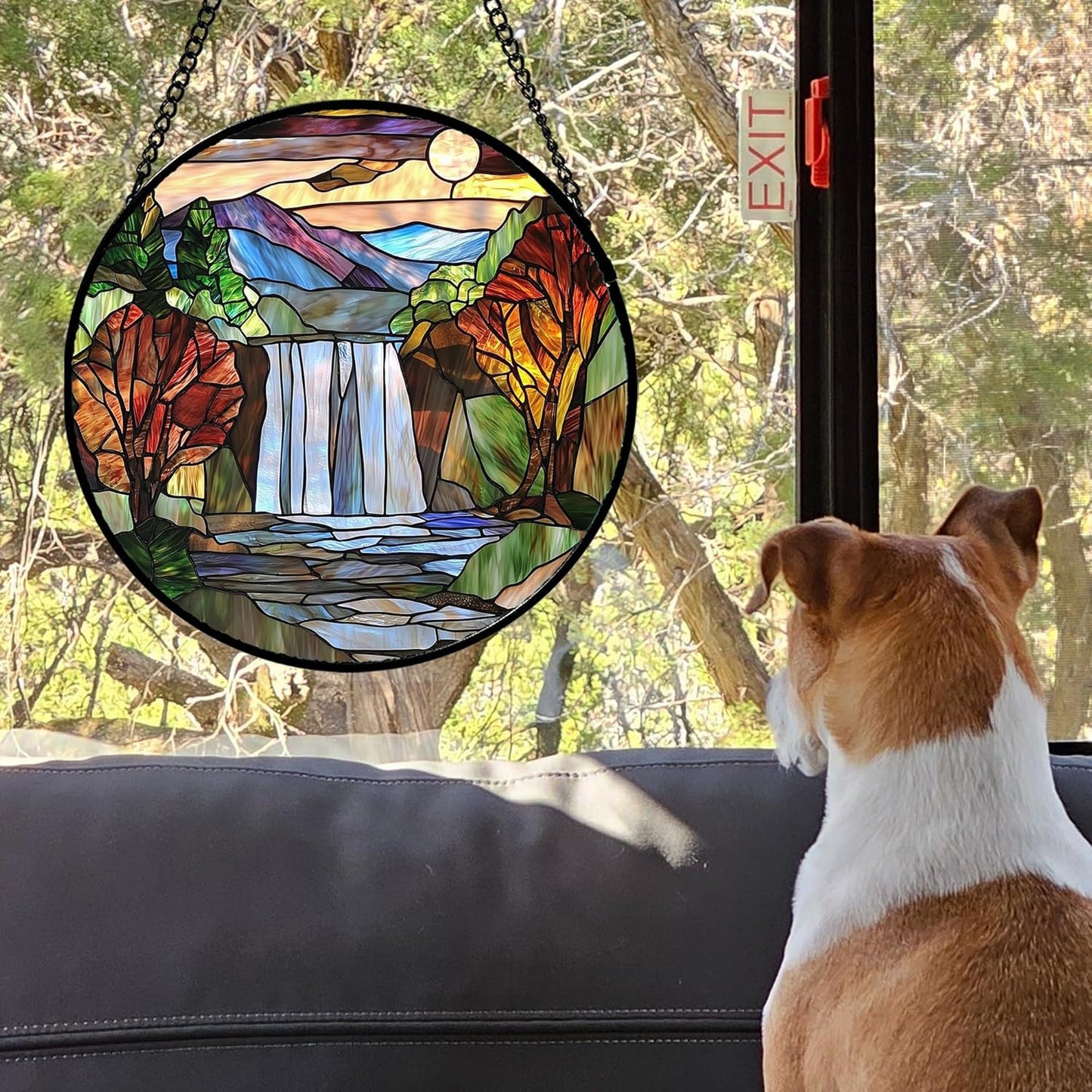 Stained Glass Window Hanging, Abstract Landscape Waterfall Mountains Trees Suncatcher for Doors Window Home Sun Catchers Decor Mother's Day Birthday Gifts for Women Men Mom 7.8 in